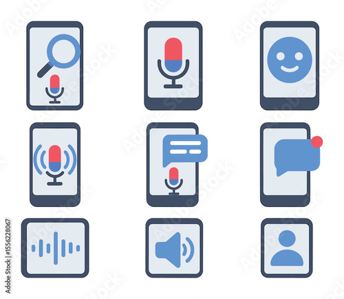 Voice Assistant Icons. Flat icon set of voice assistants in mobile devices: voice search, mobile mic icon,