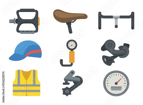 Cycling Gear Icons. Flat icon set of biking gear essentials: pedal, saddle, handlebar, cycling cap, tire gauge