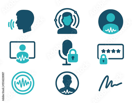 Voice Recognition Icons. Flat icon set of voice recognition tech: voice ID, biometric voice icon, user