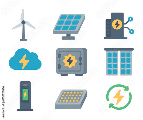 Future Energy Icons. Flat icon set of future energy in cities: wind microturbine, solar street tile, smart