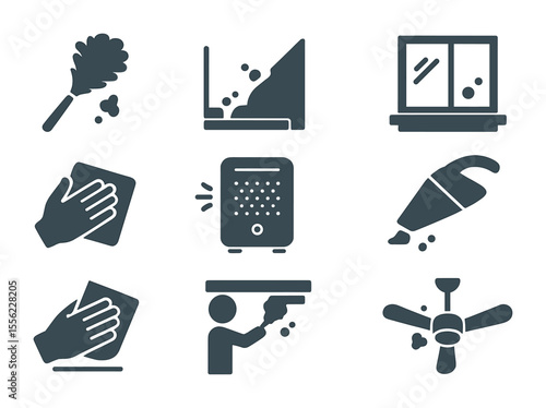 Dusting Icons Collection. Flat icon set of dust removal process: feather duster, corner dust, window ledge,