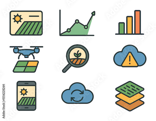 Farm Data Icon Set. Flat icon set of farm data analysis: field overview, trend line graph, bar chart of yield,