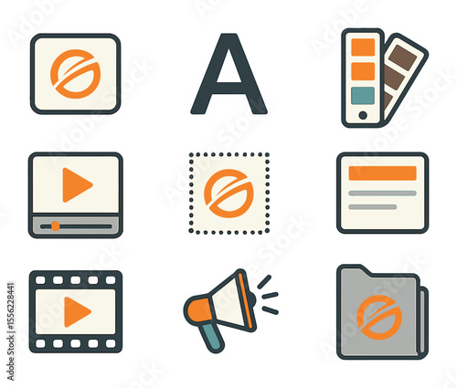 Creative Branding Icons. Flat icon set of creative branding essentials: brand logo, font sample, color palette