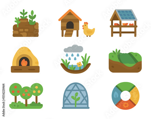 Permaculture Housing Icons. Flat icon set of permaculture housing: herb spiral garden, chicken coop, solar