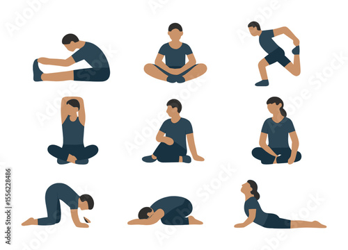 Stretching Pose Icons. Flat icon set of static stretching poses: seated forward bend, butterfly stretch, calf