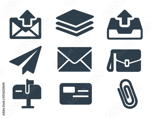 Outgoing Mail Icons. Flat icon set of outgoing mail tray: letter with arrow, envelope stack, outbox tray,