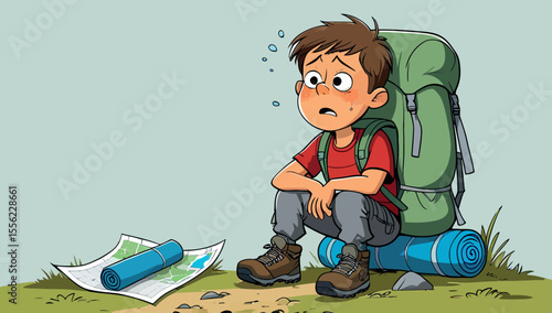 A cartoon of a boy sitting on a backpack