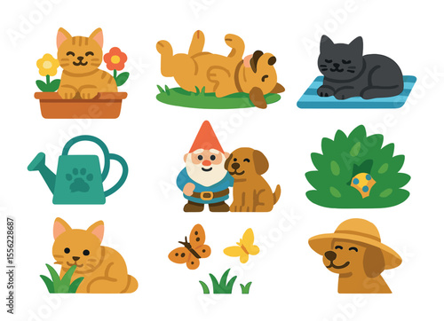 Garden Pets Icons. Flat icon set of pets enjoying garden time: cat in flower bed, dog rolling in grass,