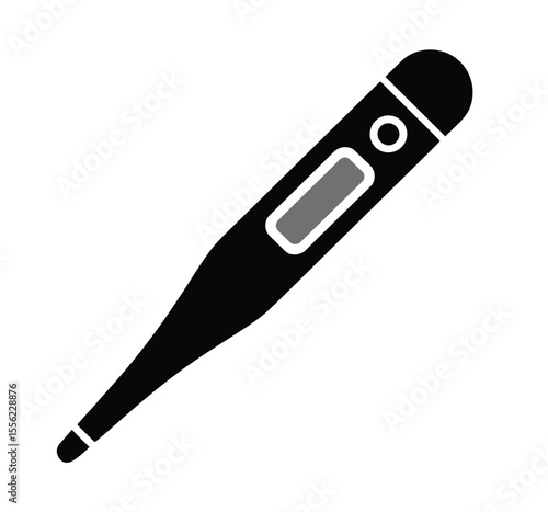 A simple black and white icon illustration of a digital thermometer