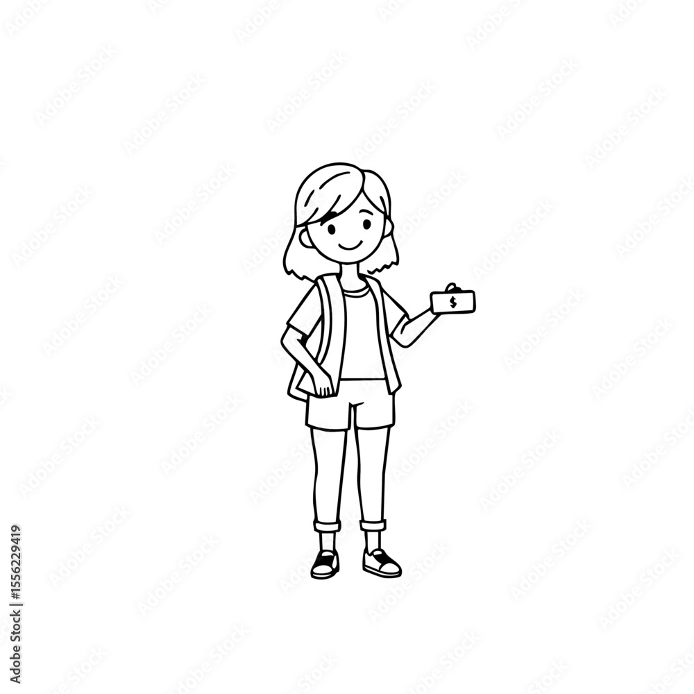 Girl with a happy mood holding a small box in a simple line drawing style Girl with a happy mood holding a small box in a simple line drawing style