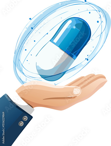 Illustration health tech : main & pilule digitale