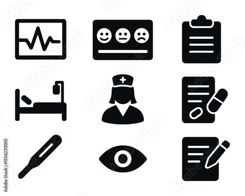 Post-Surgery Icons. Solid, filled icons set of post-surgery monitoring: heart rate chart, pain scale chart,