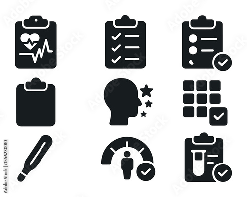 Health Screening Icons. Solid, filled icons set of health screening checklists: blood pressure chart, symptom