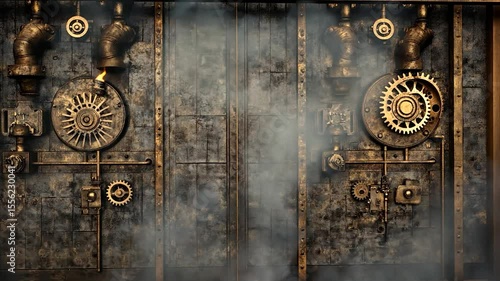 Steampunk door with gears and steam