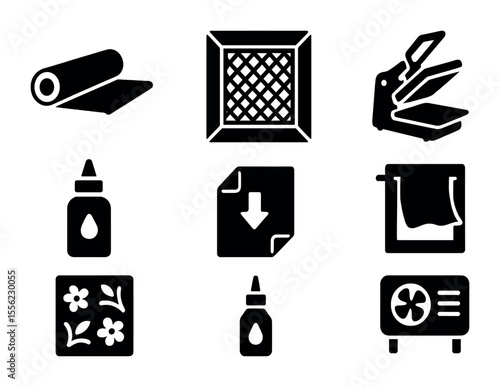 Textile Printing Tools Icons. Solid, filled icons set of textile printing tools: fabric roll, screen mesh,