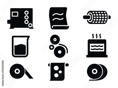 Flexographic Printing Icons. Solid, filled icons set of flexographic printing: flexo press, rubber plate,