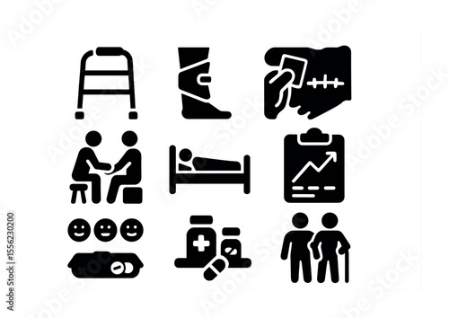 Post-Surgery Rehab Icons. Solid, filled icons set of post-surgery rehabilitation: walker, brace, surgical