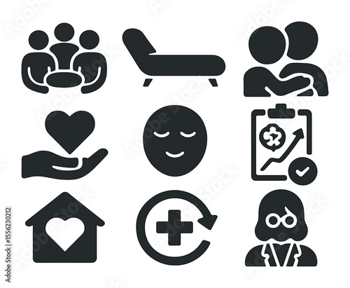 Trauma Recovery Icons. Solid, filled icons set of trauma recovery support: supportive group, therapy couch,