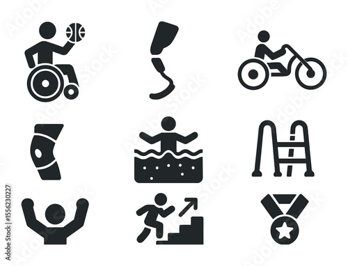 Adaptive Sports Icon Set. Solid, filled icons set of adaptive sports and recovery: wheelchair basketball,