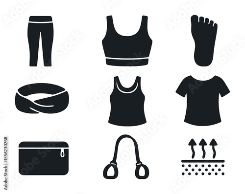 Yoga Clothing Icons. Solid, filled icons set of yoga and pilates clothing: yoga pants, crop top, barefoot grip