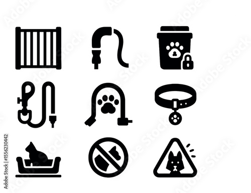 Pet Safety Icons. Solid, filled icons set of pet safety at home: gate barrier, pet-safe cord cover, food