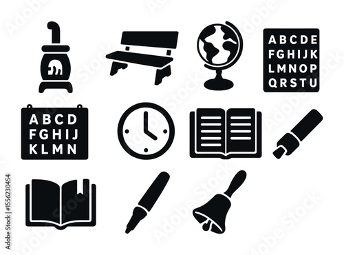 Schoolhouse Icons Set. Solid, filled icons set of one-room schoolhouse essentials: potbelly stove, wooden
