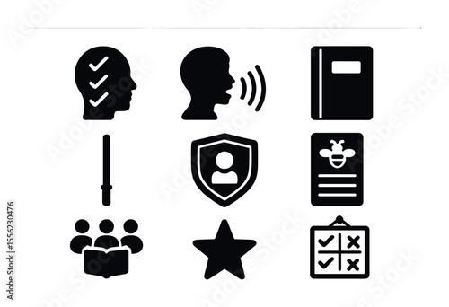 Early Education Icons. Solid, filled icons set of early education techniques: rote learning symbol, oral