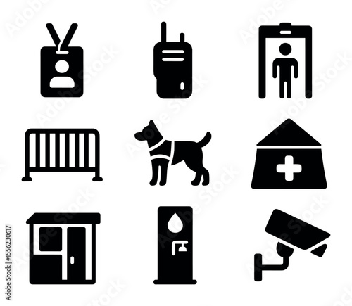 Festival Security Icons. Solid, filled icons set of festival security equipment: event badge, walkie-talkie,