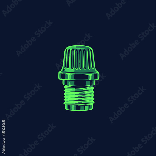 Car tire valve cap made of phosphorus, ribbed cylindrical shape, isolated on dark background

