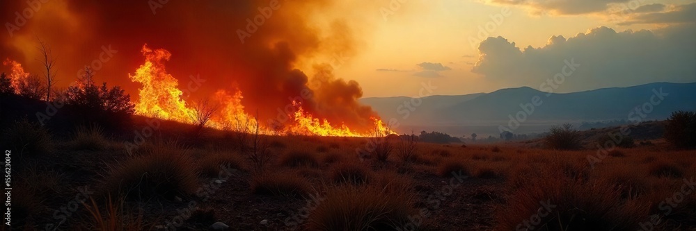 Fototapeta premium Wildfires Destructive Beauty Charred Grassland Under a Smoky Sky, showcasing natures cycle of renewal.