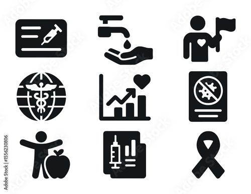 Public Health Icons. Solid, filled icons set of public health discoveries: vaccine card, sanitation icon,