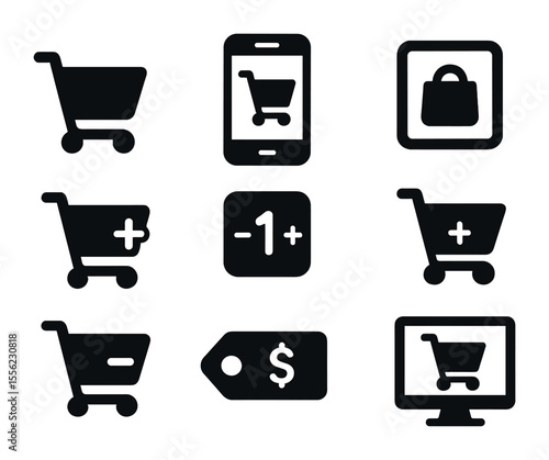 Modern Shopping Cart Icons. Solid, filled icons set of online shopping carts: digital cart icon, mobile