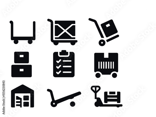 Retail Logistics Icon Set. Solid, filled icons set of retail logistics carts: stockroom cart, crate trolley,