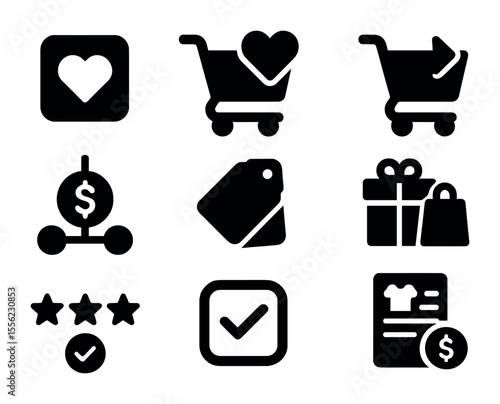 Modern Marketplace Icons. Solid, filled icons set of marketplace cart actions: wishlist icon, heart on cart,
