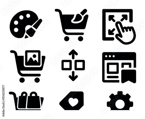 Digital Cart Icons Grid. Solid, filled icons set of digital cart customization: color picker, cart theme icon,
