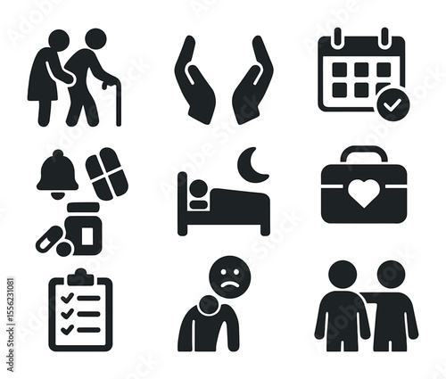 Caregiver Support Icons. Solid, filled icons set of caregiver support: caregiver figure, hands holding,