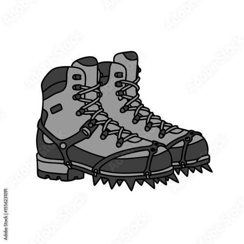 Hiking boots with attached crampons, ideal for winter sports or mountaineering, isolated on transparent background