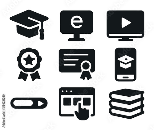 Online Learning Icons. Solid, filled icons set of online learning for job seekers: graduation cap, e-learning