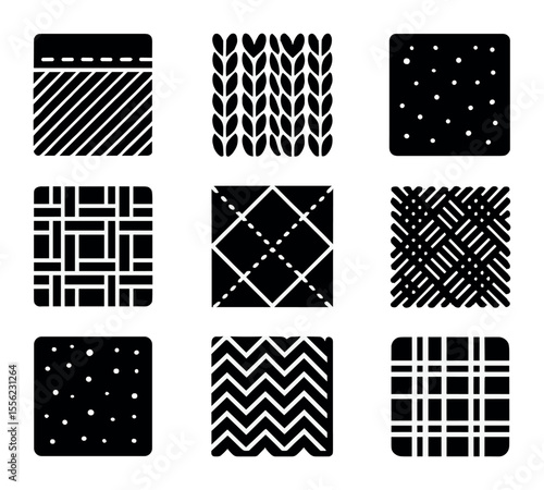 Textile Pattern Icons. Solid, filled icons set of textile background styles: denim fabric, knit wool, velvet