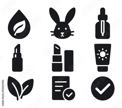 Clean Beauty Icons. Solid, filled icons set of clean beauty product essentials: paraben-free label,