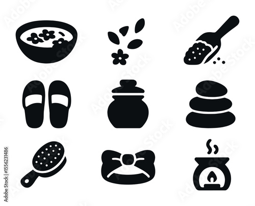 Natural Spa Icons. Solid, filled icons set of DIY natural spa setup: soaking bowl, flower petals, sea salt