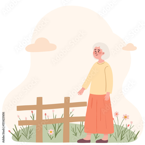 Elderly woman looking at clouds. Senior lady enjoying quiet nature moment. Peaceful old woman lying in flower field. Retired woman admiring the sky and weather. Elderly set