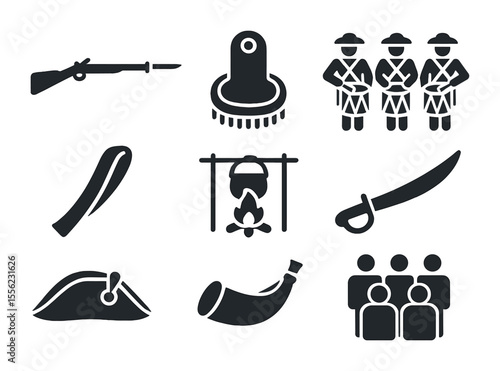 18th-Century Military Icons. Solid, filled icons set of 18th-century military reenactments: bayonet rifle,