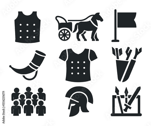 Ancient Battlefield Icons. Solid, filled icons set of ancient battlefield reenactments: bronze armor, chariot,