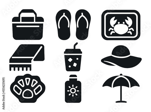 Beach Picnic Icons. Solid, filled icons set of beach picnic items: cooler bag, flip flops, seafood container,