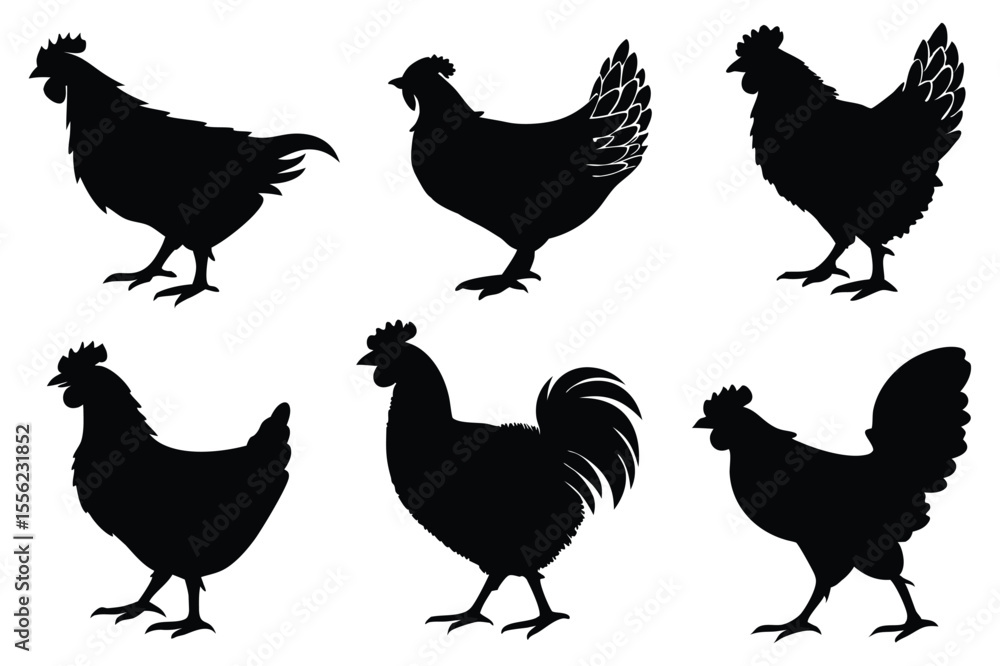 Fototapeta premium Chicken, hen, and rooster silhouette vector set – farm poultry animal icons collection
