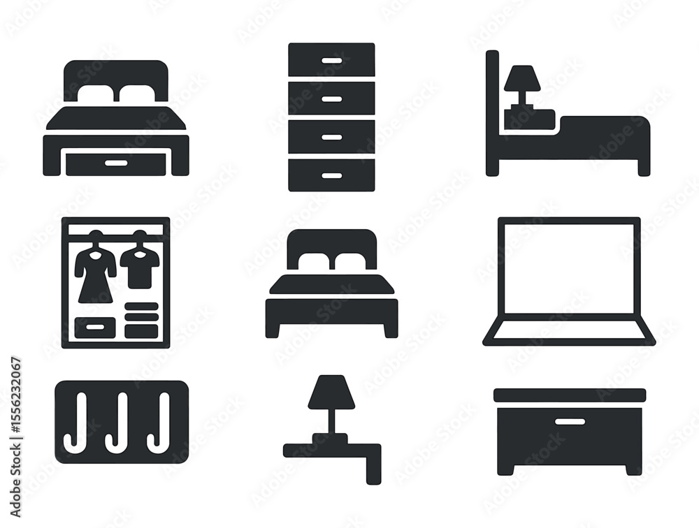 Space-Saving Bedroom Icons. Solid, filled icons set of space-saving bedroom layouts: underbed storage, narrow Space-Saving Bedroom Icons. Solid, filled icons set of space-saving bedroom layouts: underbed storage, narrow