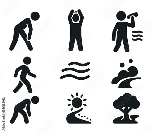 Cooling Down Icons. Solid, filled icons set of cooling down after a trail run: standing stretch, arms overhead
