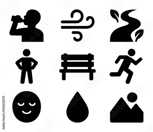 Nature's Refreshing Icons. Solid, filled icons set of refreshing moments in nature after a run: water sip,