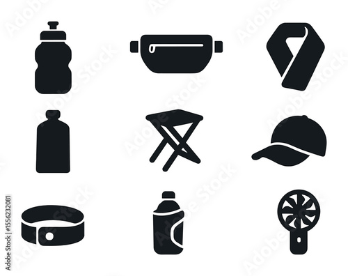 Trail Gear Icons. Solid, filled icons set of trail gear for hydration and rest: collapsible bottle, belt pouch